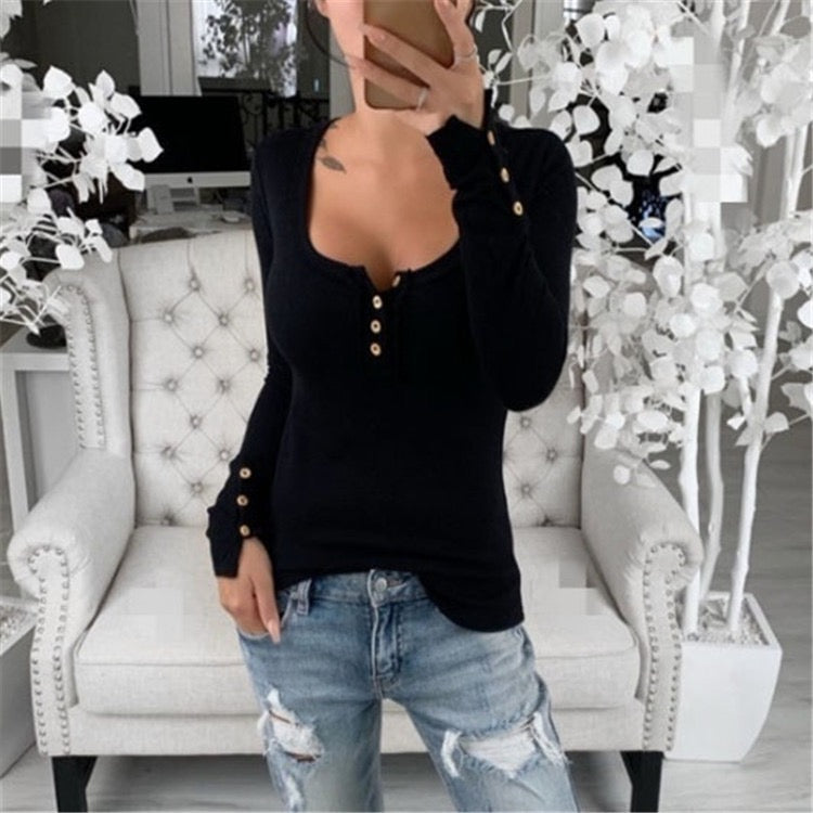 Camiseta de punto casual con hombros descubiertos y manga larga