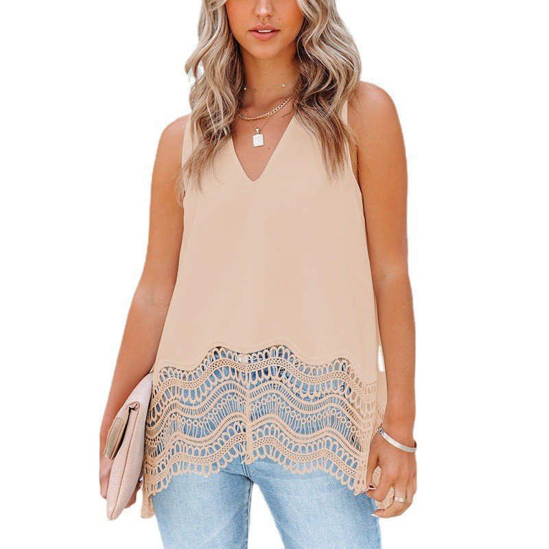 [W-Ropa] Nueva Camiseta De Gasa Sin Mangas Con Cuello En V Y Borde De Encaje De Verano