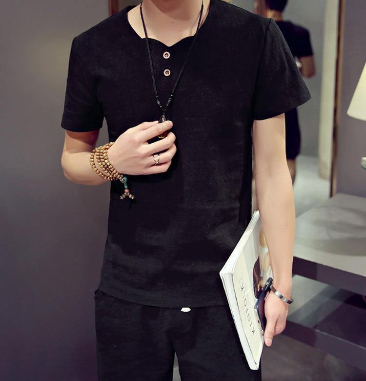 Lino 1/2 manga + shorts de lino （XXL / negro）-5 - MXbueno