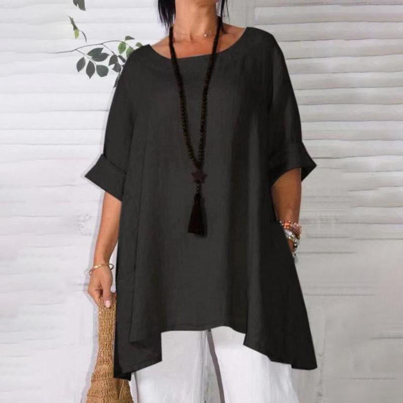 Blusa holgada casual de algodón y lino de color liso para mujer