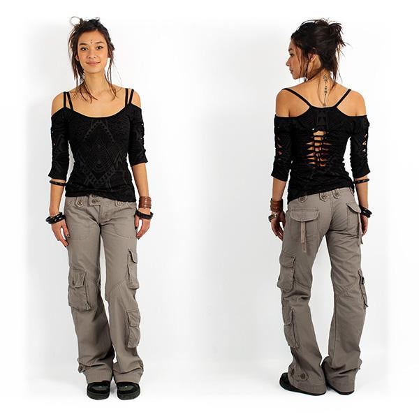 Pantalón Baggy de bolsillo múltiple pantalones de carga acampanados