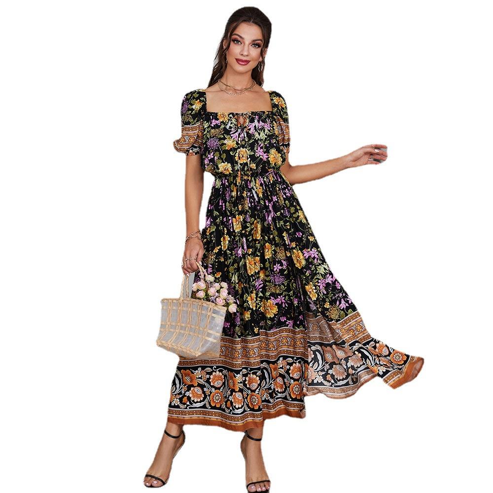 [W-Ropa] Nuevo Vestido De Cuello Cuadrado Francés Vestido Fino Estampado De Mujer