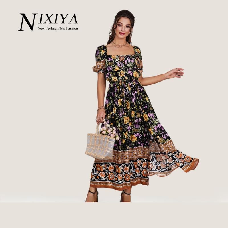 [W-Ropa] Nuevo Vestido De Cuello Cuadrado Francés Vestido Fino Estampado De Mujer