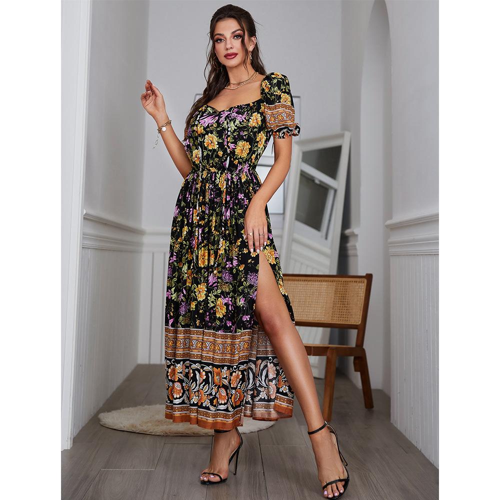 [W-Ropa] Nuevo Vestido De Cuello Cuadrado Francés Vestido Fino Estampado De Mujer