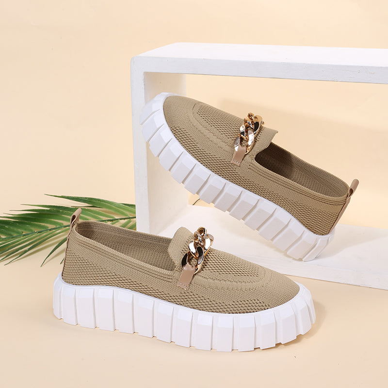 Mocasines Con Cadena Para Mujer, Zapatos Planos Con Punta Redonda, Zapatillas De Malla Sin Cordones, Zapatos Casuales, Zapatos Planos De Tela, Transpirables
