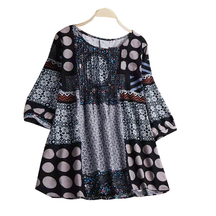 [W-Ropa] Temperament Commuter Mujer Verano Rojo Estampado Jersey Cuello Redondo Manga Tres Cuartos Camisa De Algodón