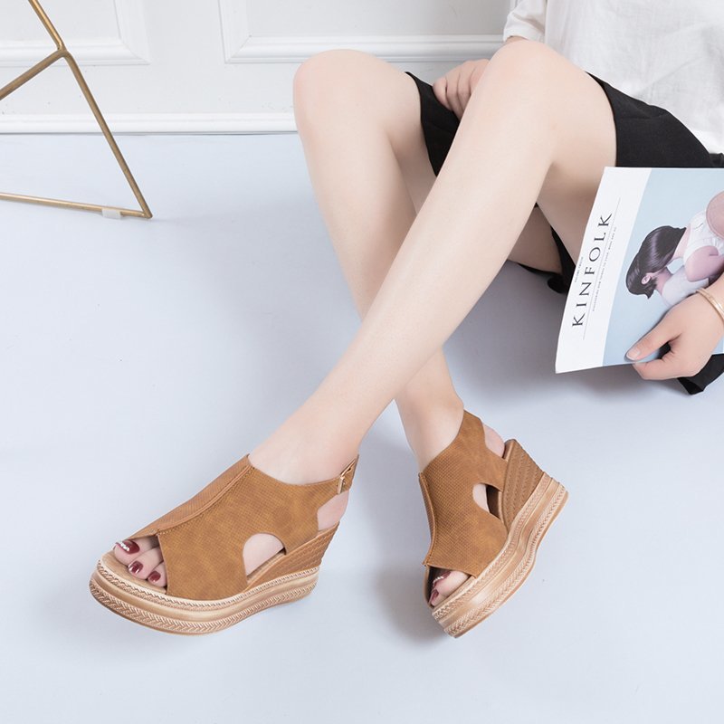 [W-Zapato] Sandalias De Color Sólido Con Forma De Cuña Abierta