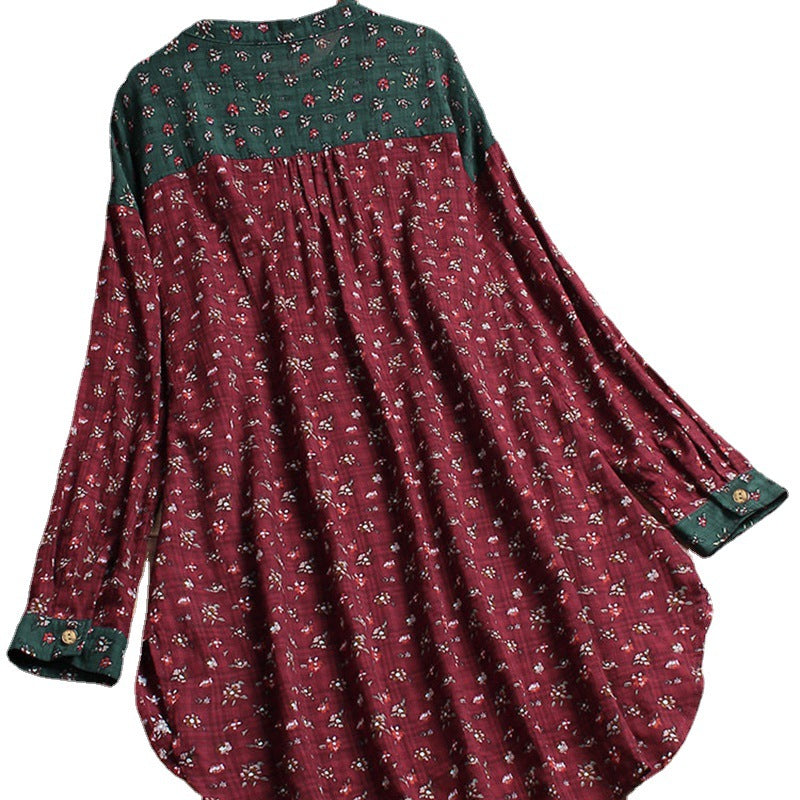 Camisa De Cuello Alto Estampada De Algodón Y Lino De Moda Camisa Suelta De Manga Larga De Gran Tamaño