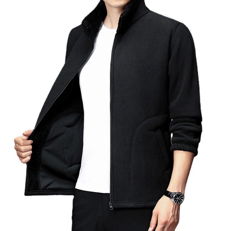 Forro Polar De Color Sólido Con Solapa Para Hombre Más Cárdigan Cálido De Terciopelo