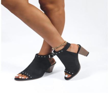 [W-Zapato] Sandalias De Boca De Pez De Goma Con Remache De Hebilla De Punta Redonda De Tacón Alto 2022