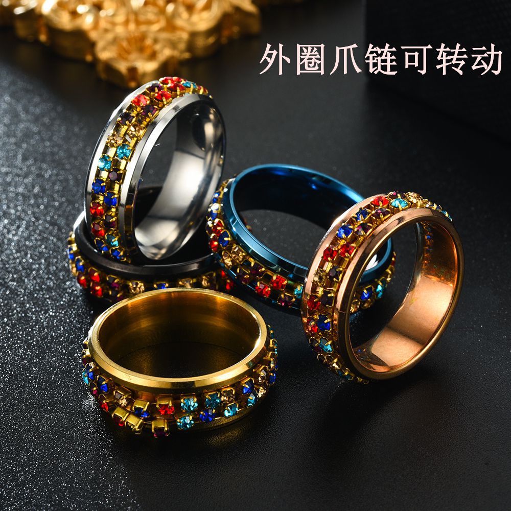 Anillo Giratorio De Acero Titanio De Acero Inoxidable Con Diamantes De Colores Para Mujer