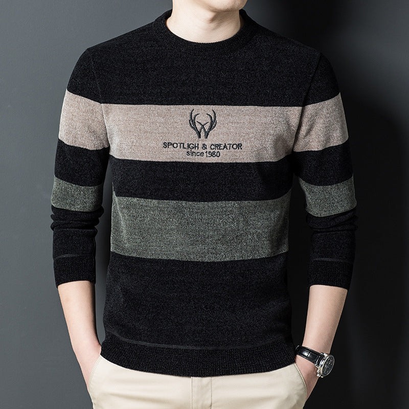 Chenilla Más Suéter De Terciopelo Suéter De Base A Juego De Color A Rayas Cálidas Para Hombres Invierno Más Engrosamiento De Terciopelo