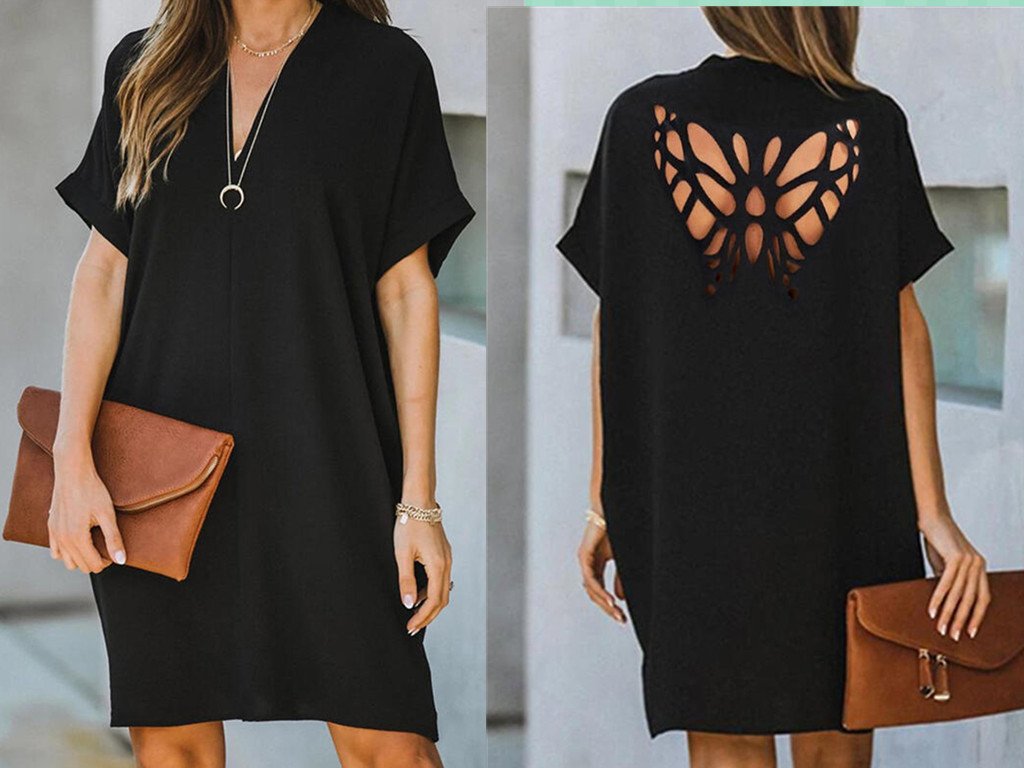 Verano nuevo vestido suelto de color sólido hueco de mariposa