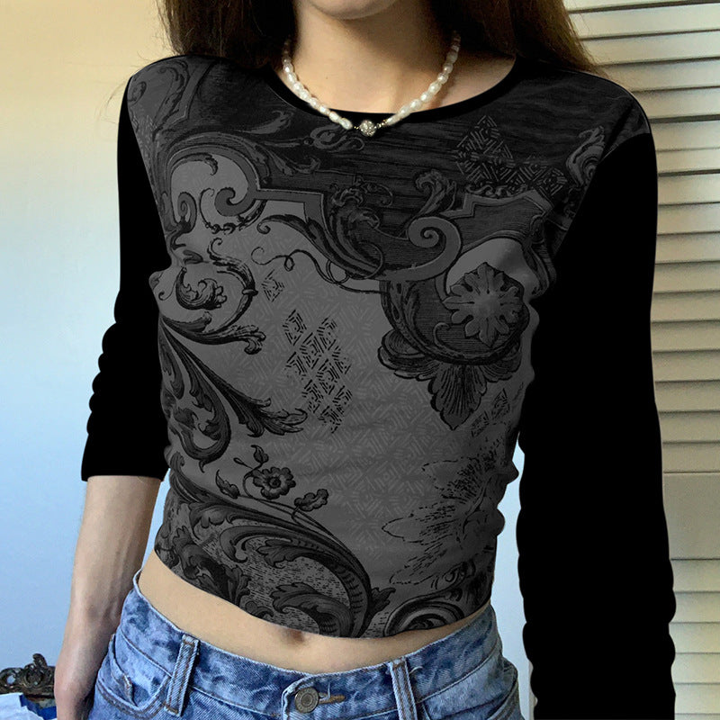 Camiseta Corta De Ombligo Fino Con Cuello Redondo Y Estampado Retro