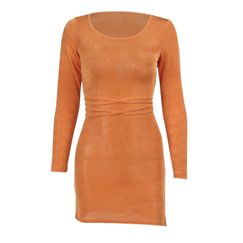 Vestido De Una Pieza Corto Sexy Halter De Manga Larga Con Cordones