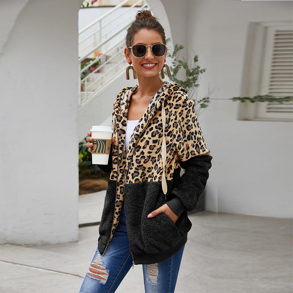 Chaqueta De Moda Con Cremallera Con Capucha Y Estampado De Leopardo