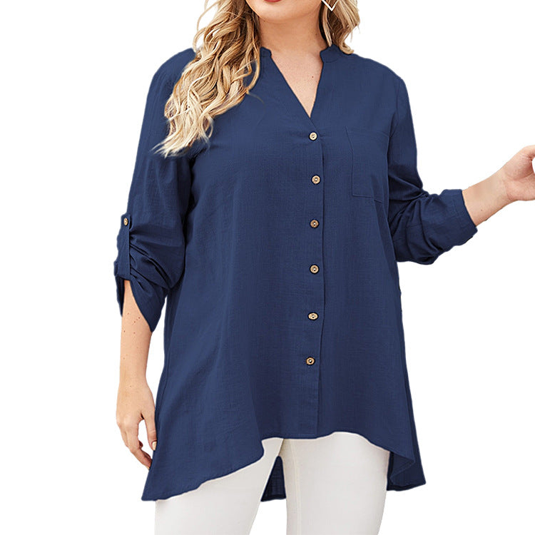 [W-Ropa] Camisa Con Cuello En V De Talla Grande Nueva Moda Casual Estampado De Manga Larga