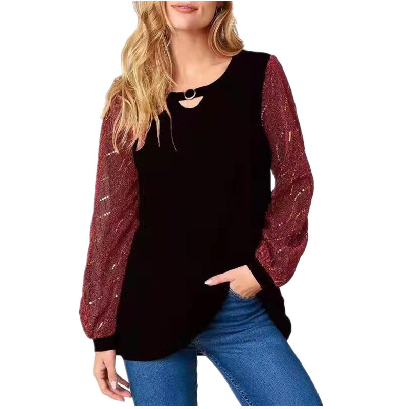 [W-Ropa] Camiseta De Manga Larga Para Mujeres Con Encaje Transpirable