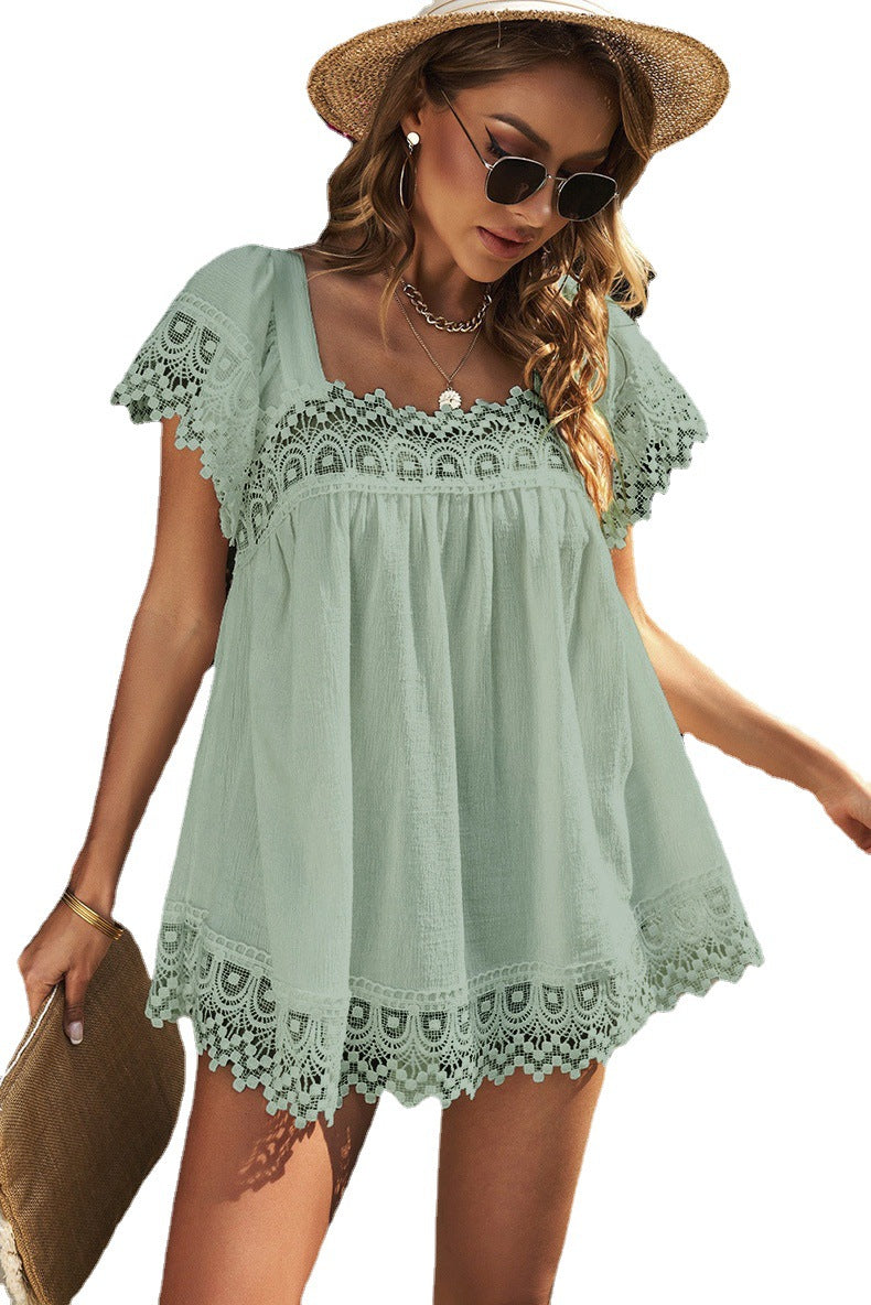 [W-Ropa] 2022 Verano Color Sólido Casual Camisa De Encaje Cuello En U Top De Manga Corta