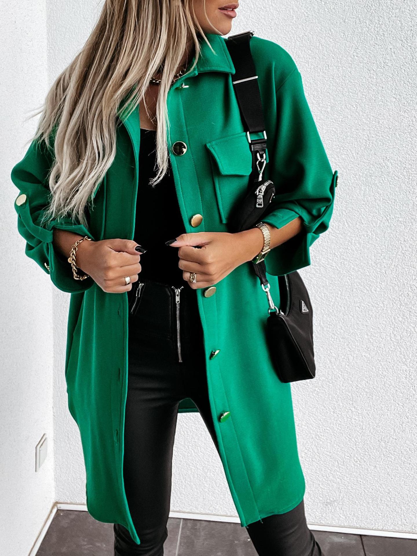 Otoño E Invierno Nuevo Estilo Manga-pull Botón Decoración Chaqueta De Camisa De Longitud Media