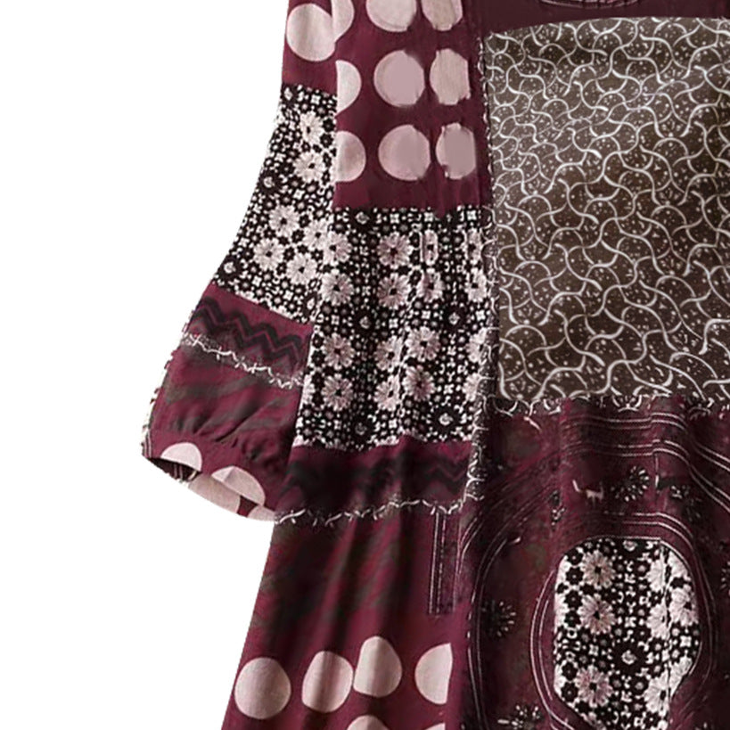 [W-Ropa] Temperament Commuter Mujer Verano Rojo Estampado Jersey Cuello Redondo Manga Tres Cuartos Camisa De Algodón