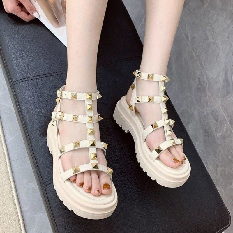 [W-Zapato] Sandalias De Plataforma De Cuero Con Tachuelas Romanas