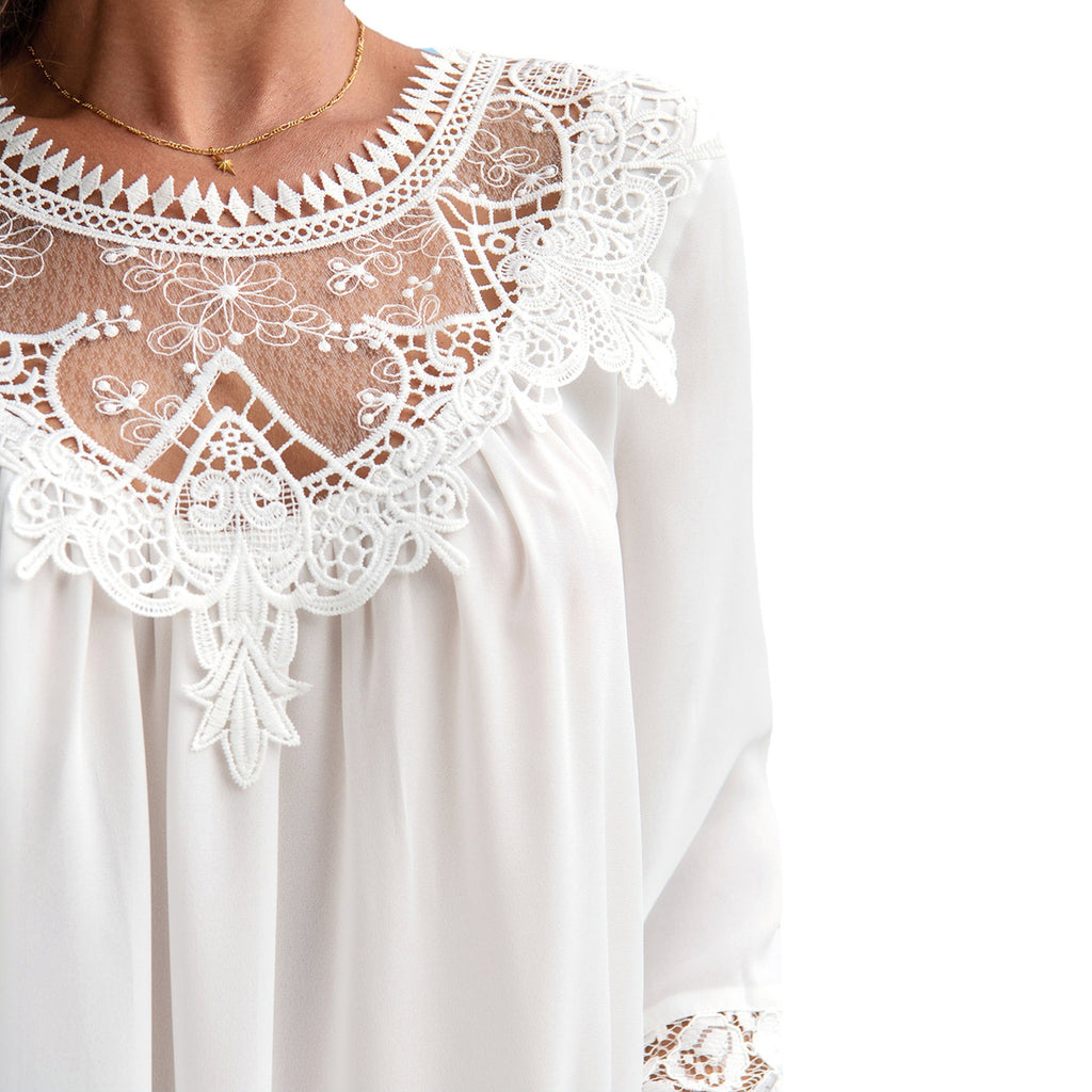 [W-Ropa] Camisa De Encaje Jersey Color Sólido Volantes Camisa Blanca Top De Mujer