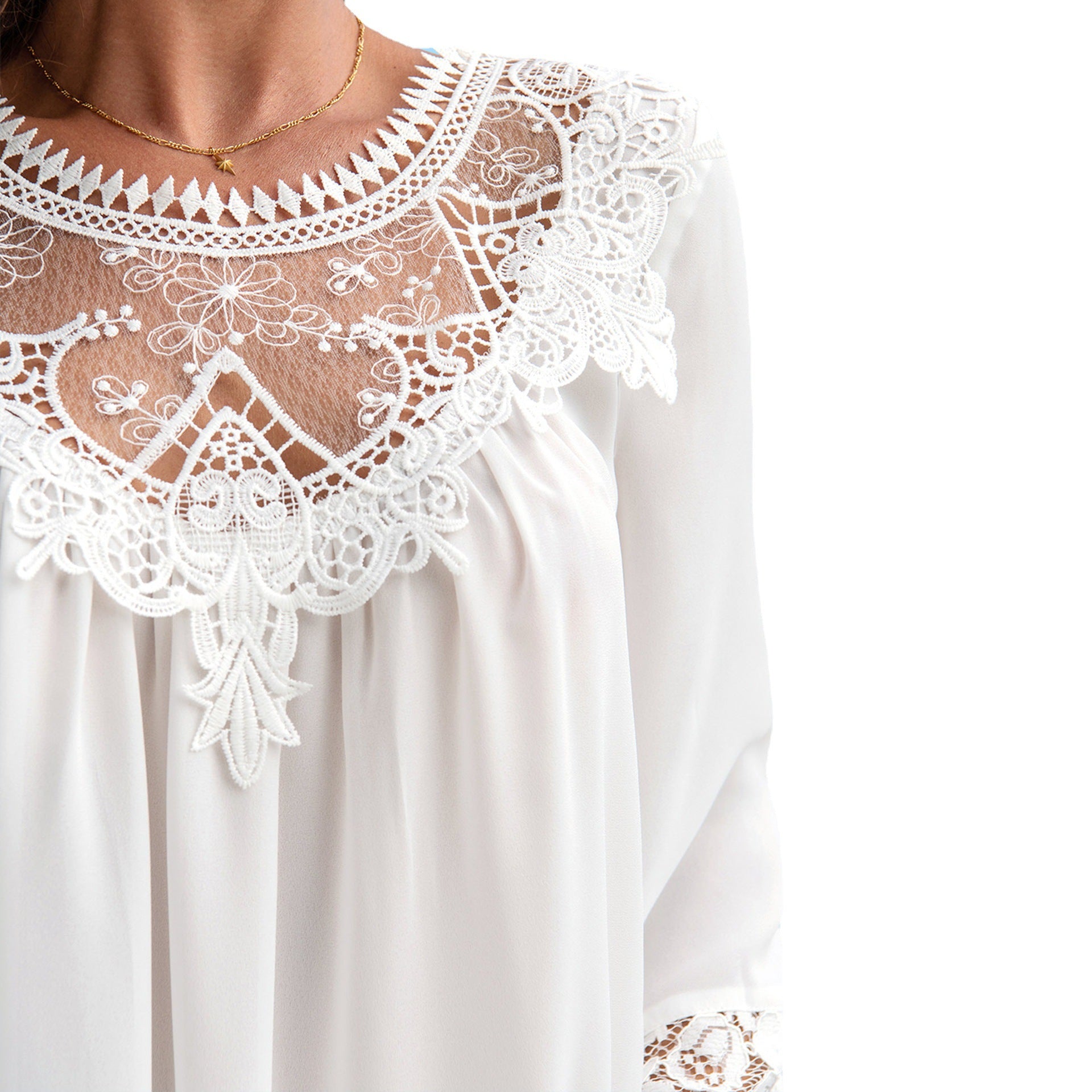 [W-Ropa] Camisa De Encaje Jersey Color Sólido Volantes Camisa Blanca Top De Mujer