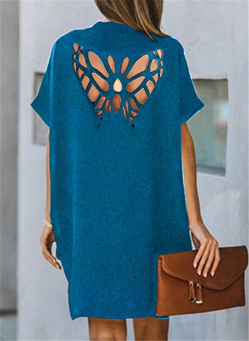 Verano nuevo vestido suelto de color sólido hueco de mariposa