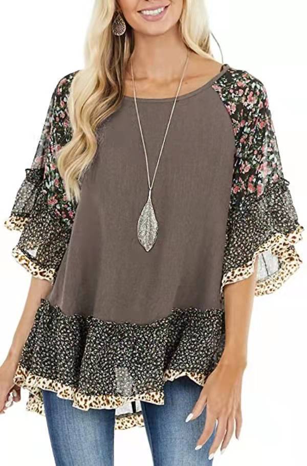 [W-Ropa] Mangas Medias Con Estampado Floral De Leopardo Colorblock