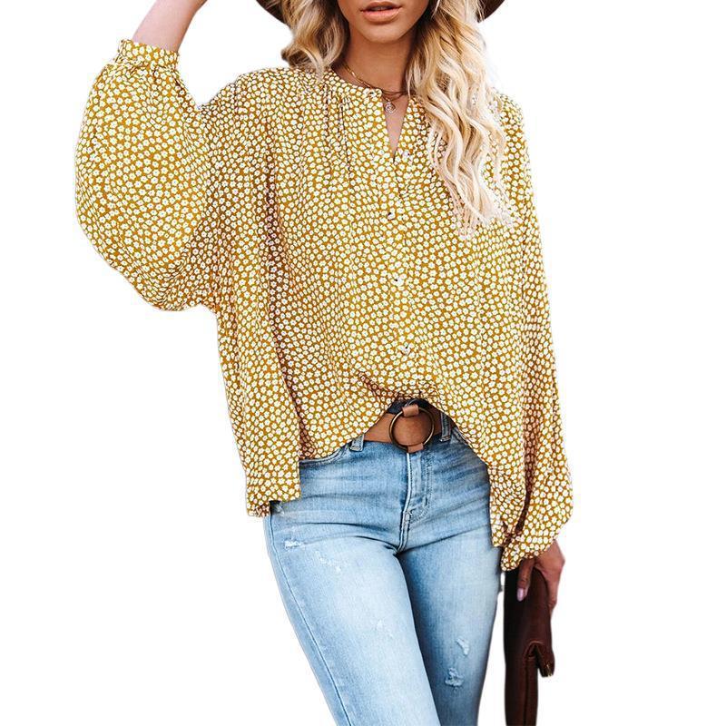 Camisa Casual Suelta De Manga Larga Con Cuello En V Floral