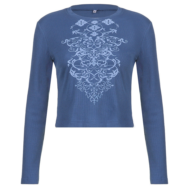 Camiseta Slim De Manga Larga Estampada Con Cuello Redondo