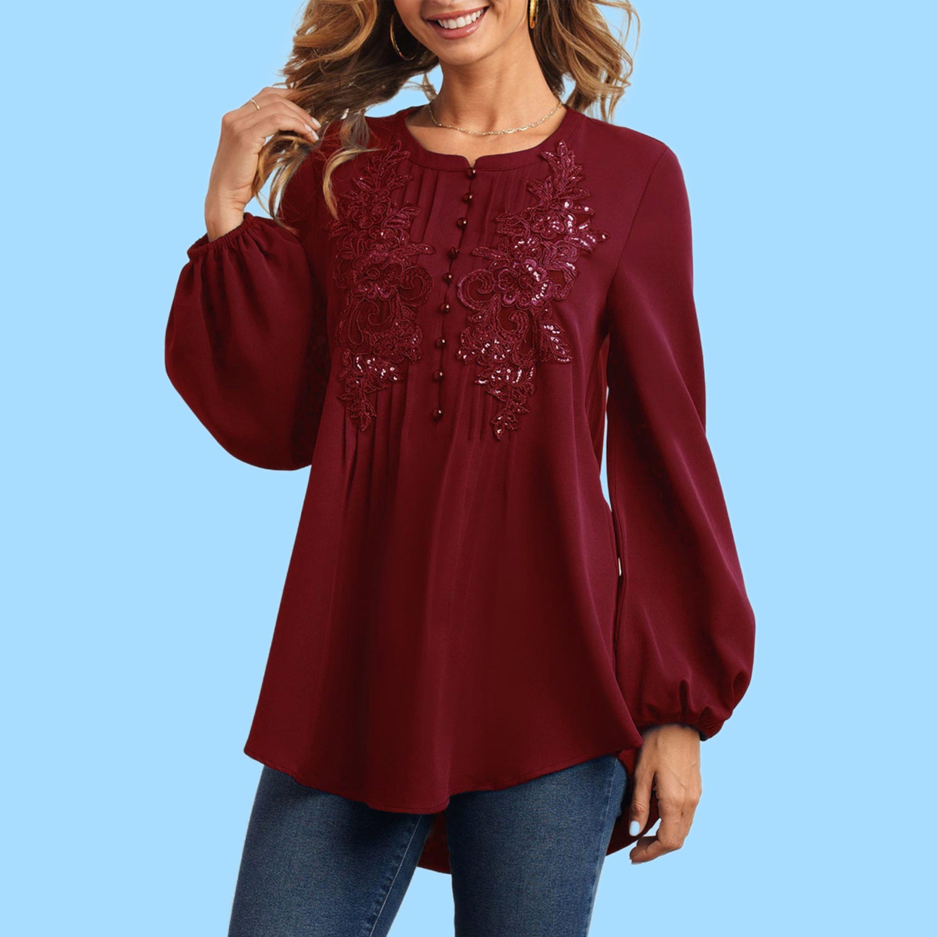 [W-Ropa] 2022 Gasa Cuello Redondo Temperamento Viajero Tejido Manga Larga Pulóver Manga Farol Camisa De Color Sólido