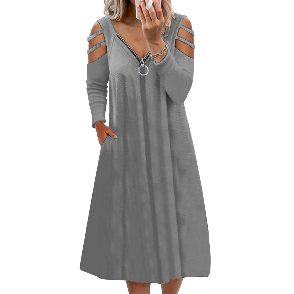 Vestido De Manga Larga De Color Sólido Con Cuello En V Y Cremallera