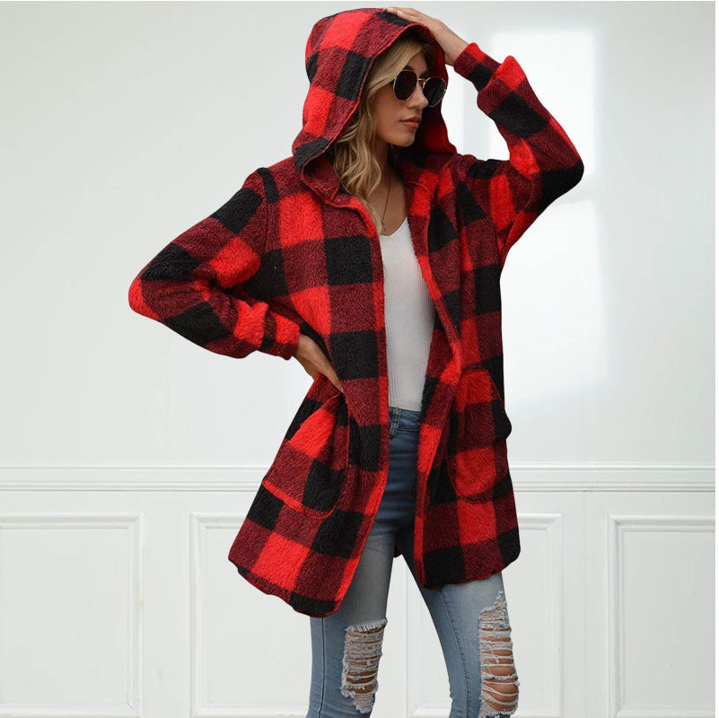 Chaqueta Holgada De Manga Larga Con Capucha A Cuadros En Blanco Y Negro