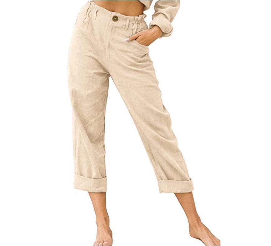 [W-Ropa] Nuevos Pantalones Casuales De Cintura Alta Sueltos De Moda De Lino Y Algodón De Color Sólido Para Mujer