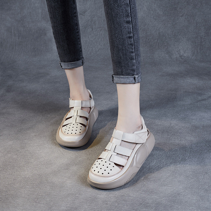 Sandalias De Cuero Con Suela Plana Y Cabeza Redonda En Baotou