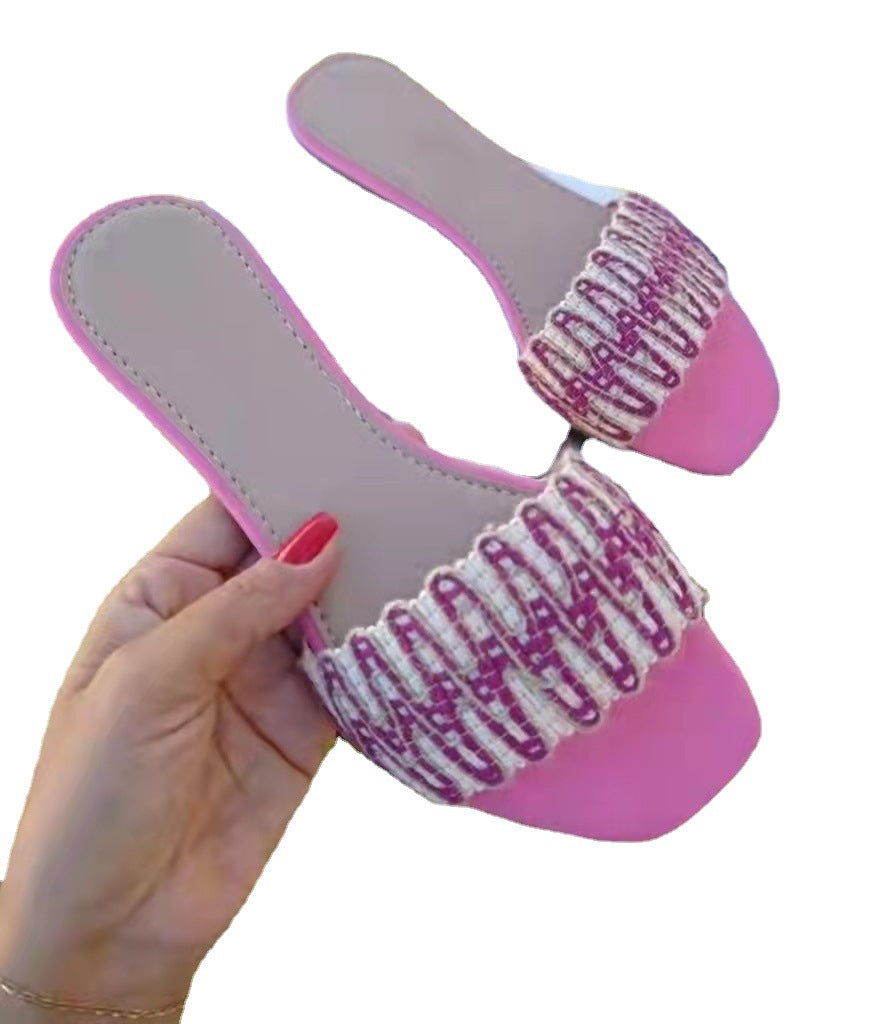 [W-Zapato] 22 Sandalias Y Pantuflas Cómodas Para Mujer A La Moda Con Tejido De Lino Y Algodón De Una Sola Palabra De Verano