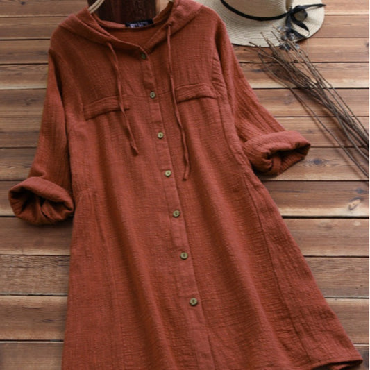 Abrigo Mediano De Algodón Y Lino Con Capucha, Manga Larga Y Talla Grande