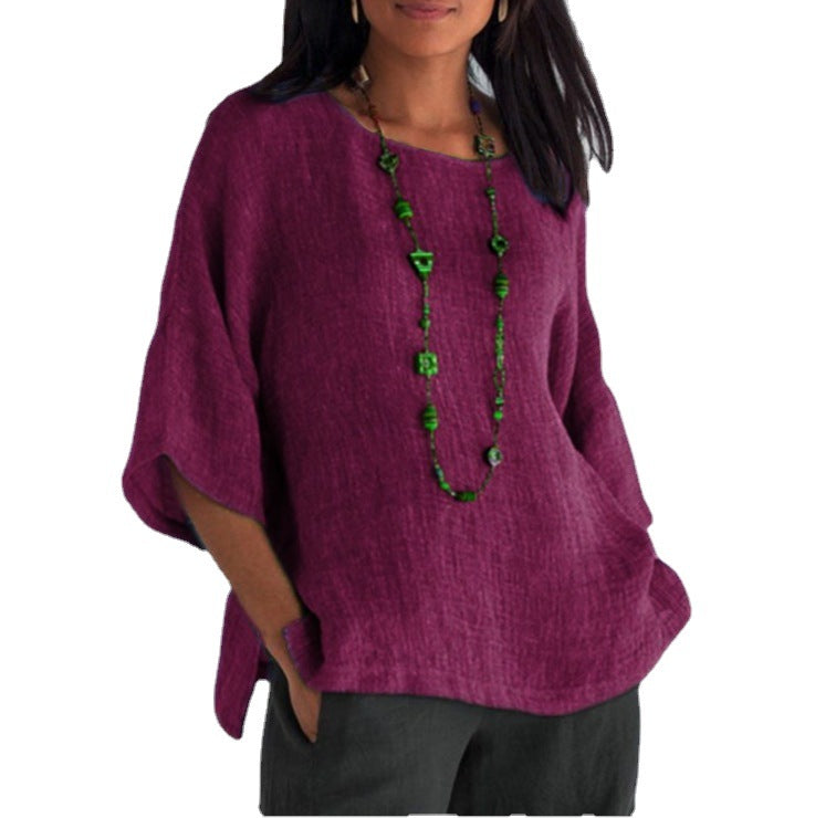 [W-Ropa] Top Camisero De Algodón Y Lino Con Cuello Redondo Y Manga Tres Cuartos 2022