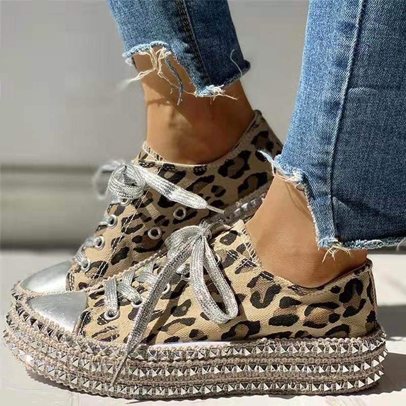 [W-Zapato] 2022 Zapatos Casuales Con Cordones De Remaches Zapatillas De Suela Gruesa Con Estampado De Leopardo