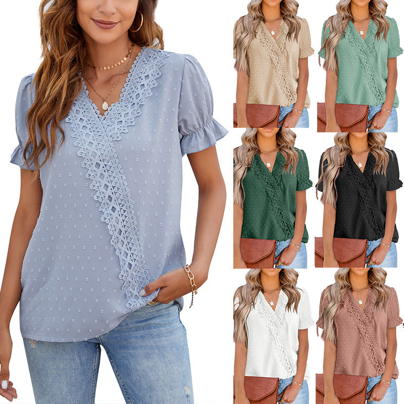 [W-Ropa] Camisa De Manga Corta Con Cuello En V Y Encaje De Gasa De Verano 2022