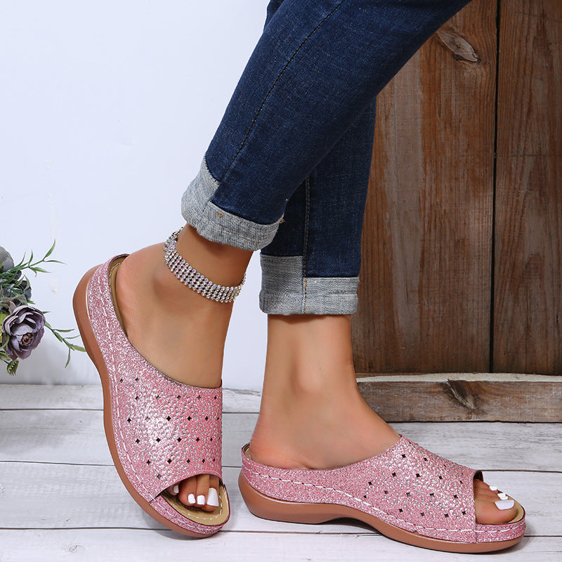 [W-Zapato] 2022 Zapatillas De Mujer Remache Rhinestone Hueco Boca De Pez Zapatos Tallados Sandalias De Cuero