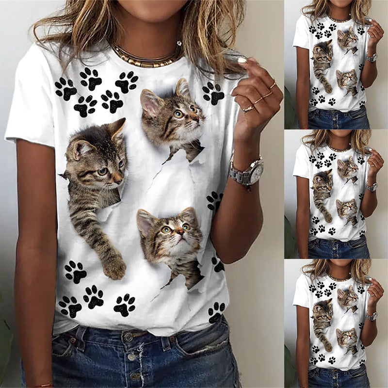 [W-Ropa] Camiseta De Cuello Redondo De Manga Corta Estampada Animal Explosiva