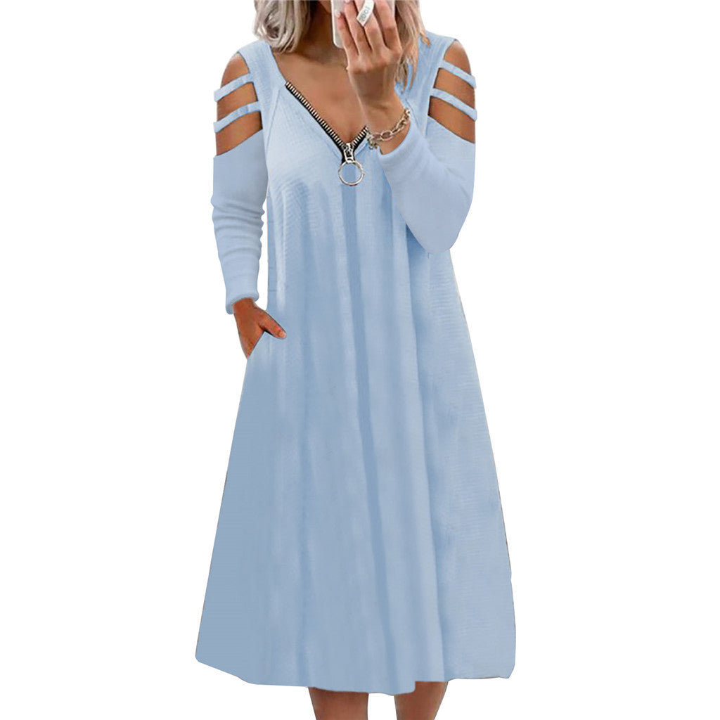 Vestido De Manga Larga De Color Sólido Con Cuello En V Y Cremallera