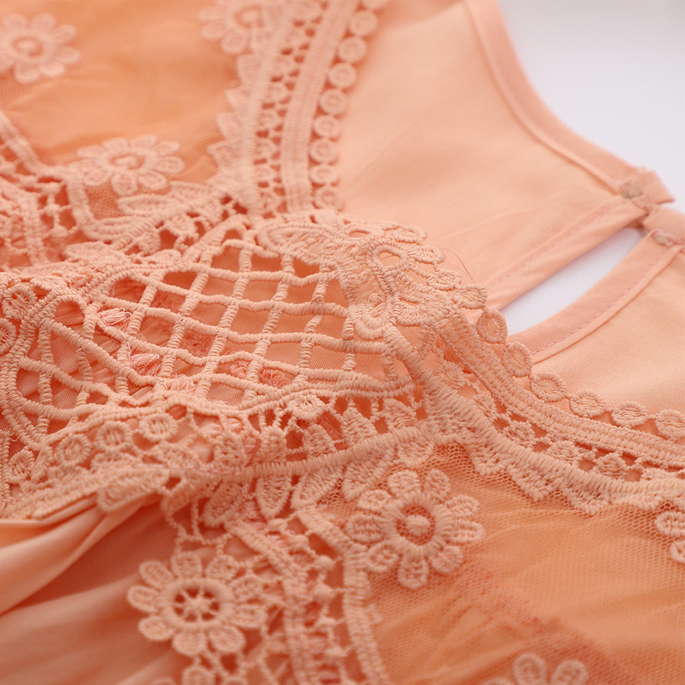 [W-Ropa] 2022 Camisa De Manga Media Con Costuras De Encaje, Color Sólido Para Mujer