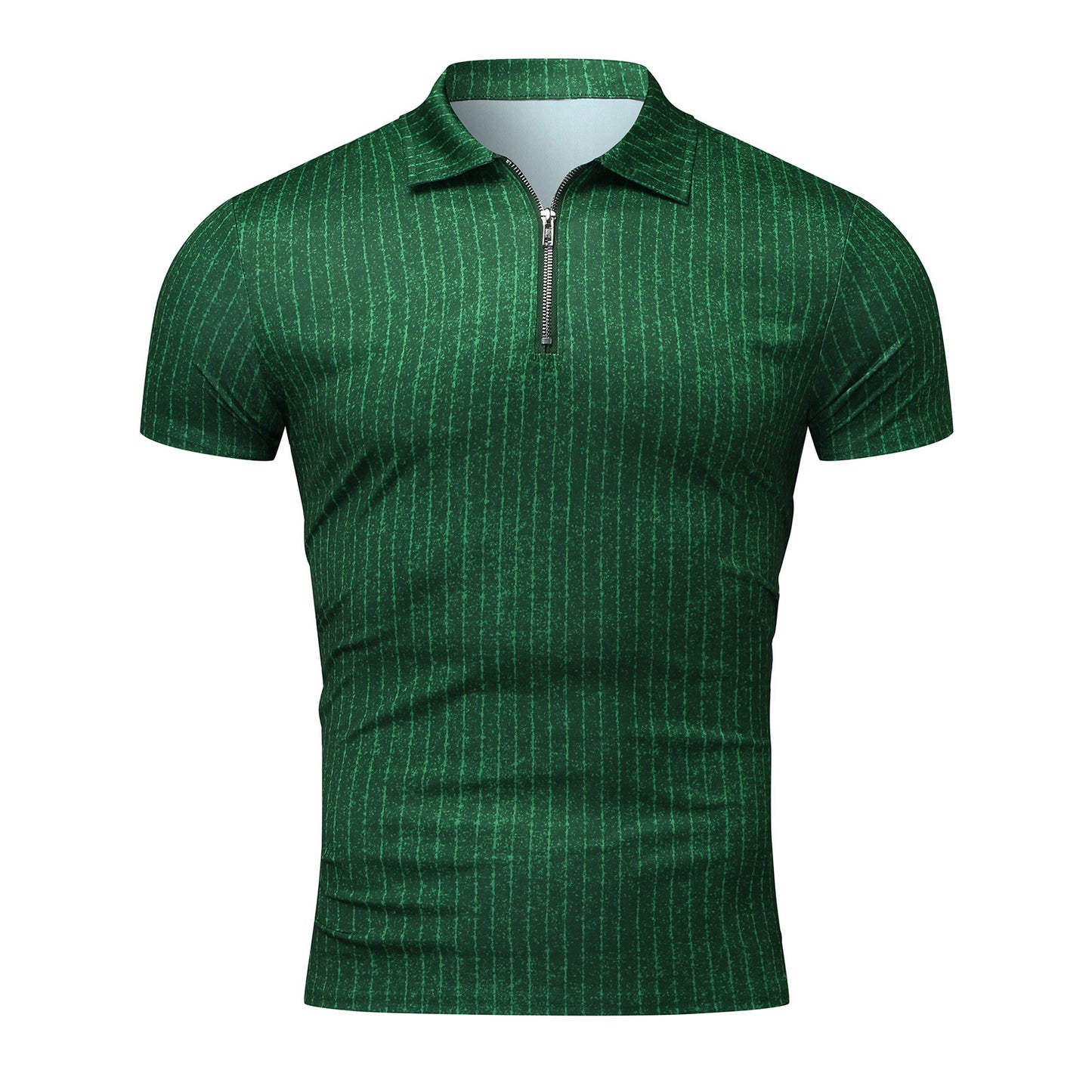 [M-Ropa] Camiseta Casual De Manga Corta A Rayas Con Solapa Y Cremallera Top Slim Fit