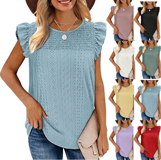 Camiseta Hueca Empalmada Sin Mangas Con Volantes Mujeres