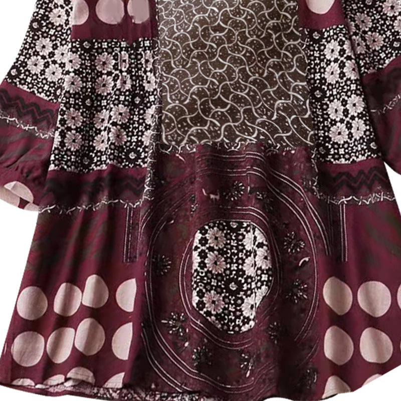 [W-Ropa] Temperament Commuter Mujer Verano Rojo Estampado Jersey Cuello Redondo Manga Tres Cuartos Camisa De Algodón