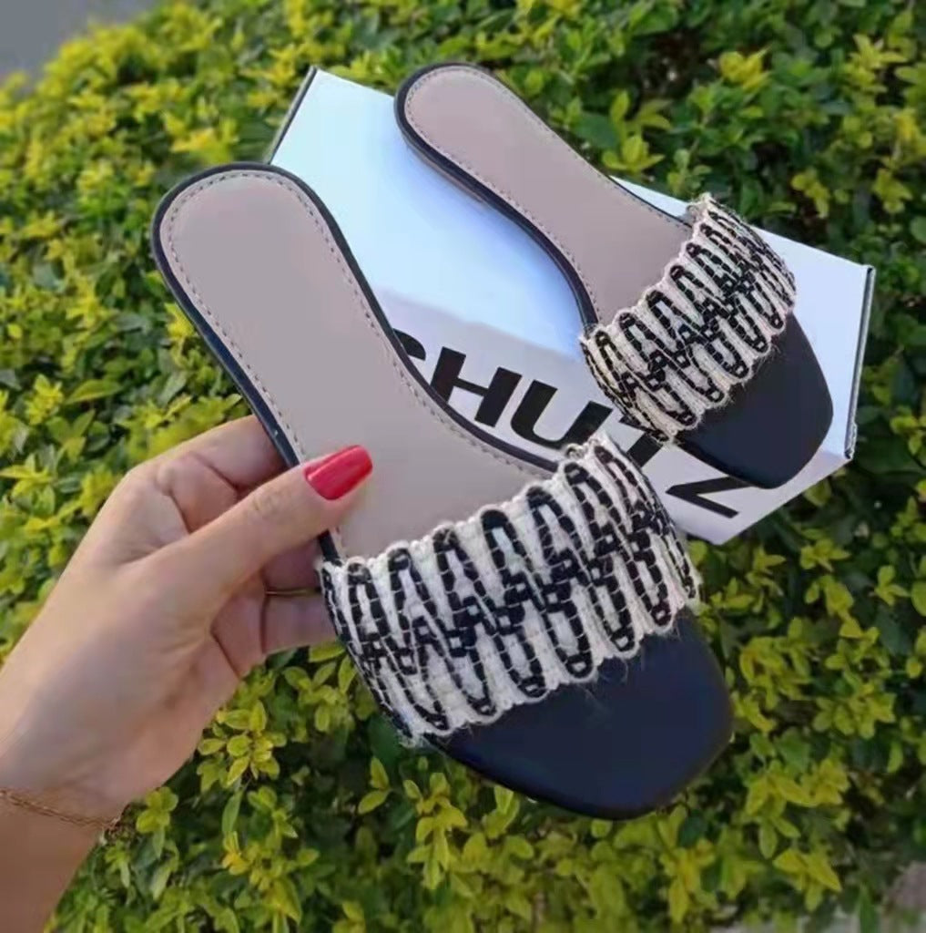[W-Zapato] 22 Sandalias Y Pantuflas Cómodas Para Mujer A La Moda Con Tejido De Lino Y Algodón De Una Sola Palabra De Verano